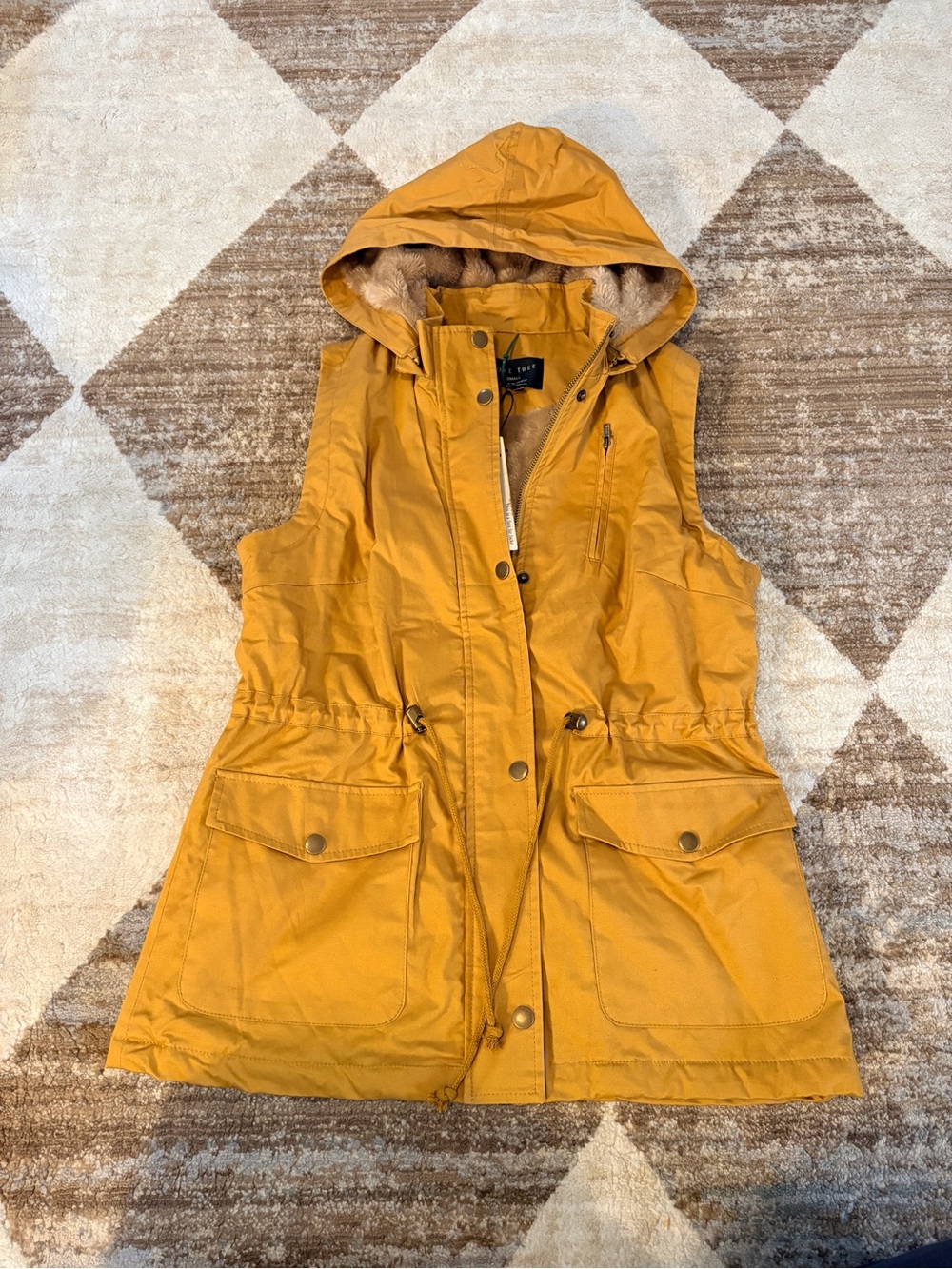Faux Fur Love Tree Mustard Yellow Hooded Utility Vest